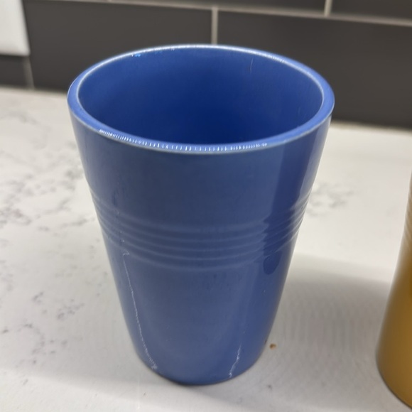 Blue Hazel Atlas Juice Glasses Blue and Yellow Ceramic Tumblers - Picture 2 of 5